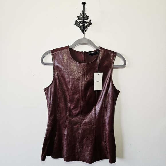 NWT Theory Darted Combo Lamb Leather Top Size 4 Sleeveless Burgundy - Picture 2 of 6
